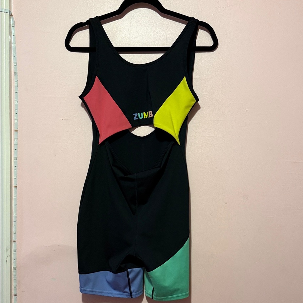 Zumba Fitness Black Romper with Pink and Yellow Panels